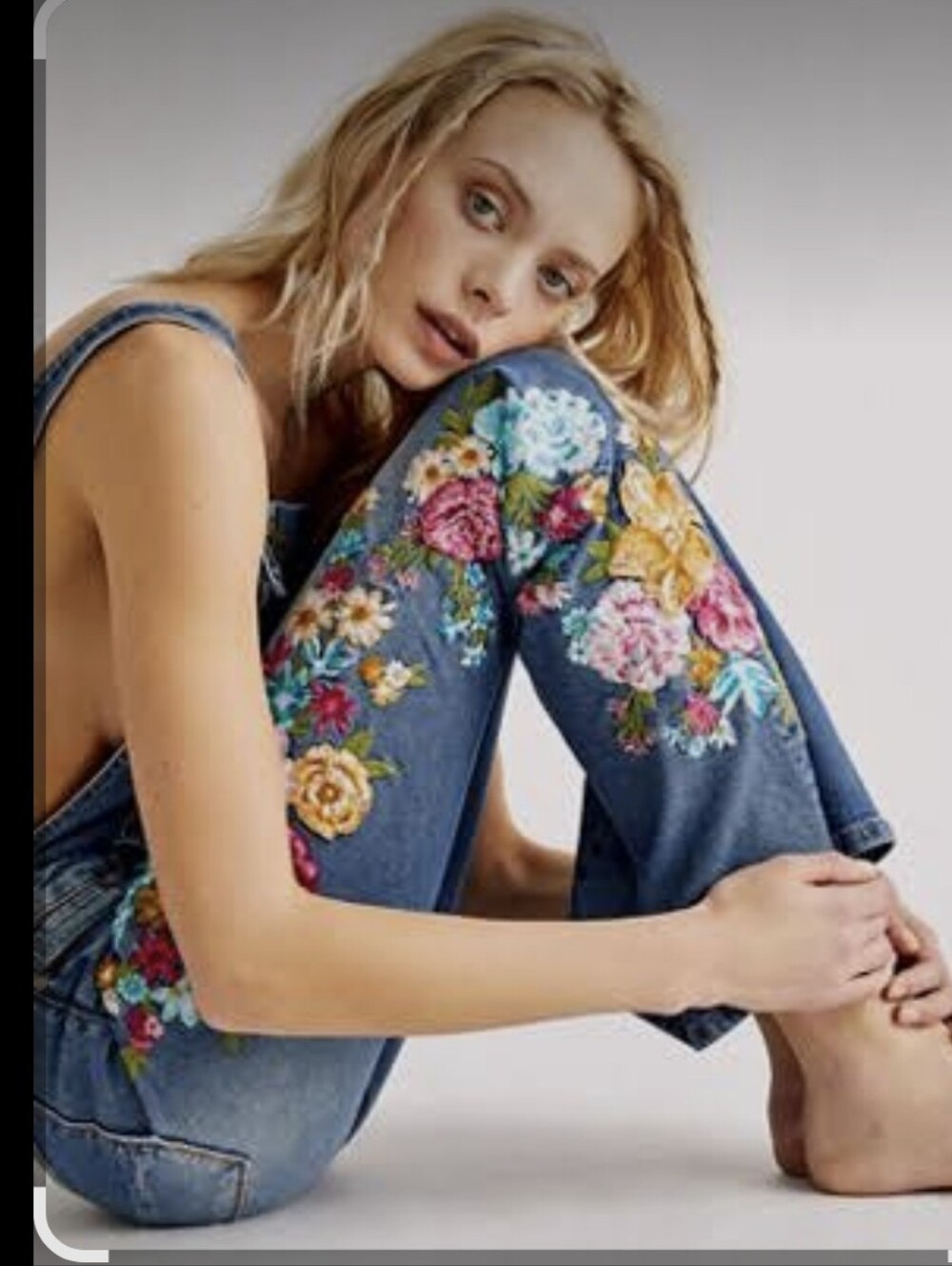 Free People X DRIFTWOOD SZ L Blue Embroidered Floral Jeans FARRAH FLARE Overalls